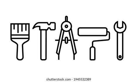 Einfache Sammlung von Tools verwandt. Schlüssel, Walze, Hammer, Bürste, Kompass. Vektorgrafik-Icons-Design