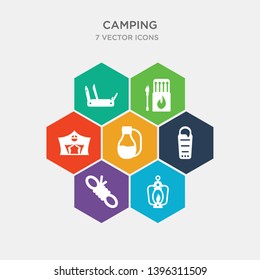 simple set of torch, rope, sleeping bag, flask icons, contains such as icons outlet, matches, pocket knife and more. 64x64 pixel perfect. infographics vector