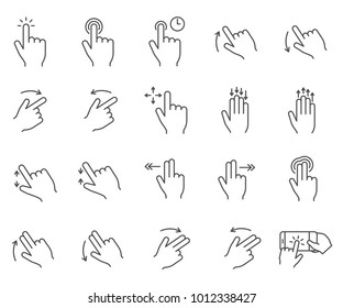 Simple Set Of Touch Gestures Related Vector Line Icons. Includes Such Icons As Fingers, Click, Sensor, Smartphone, Gesture Control, Touch And More. 