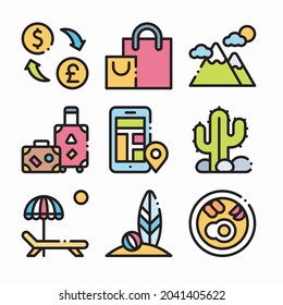 Iconos de color de los vectores turísticos simples. Color con trazo editable