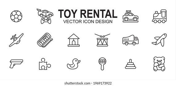 Simple Set Of Toy Rental Service Related Vector Icon User Interface Graphic Design. Contains Such Icons As Ball, Remote Control Car, Buggy, Aeroplane, Helicopter, Gun, Puzzle, Duck, Truck, Drum