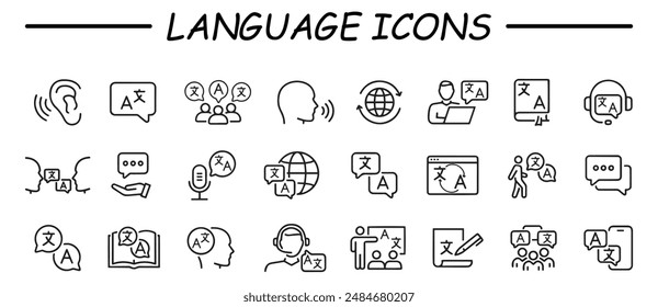 Conjunto simple de iconos de línea de Vector relacionados con la traducción. Contiene iconos como traducción de documentos, protocolo de enlace, negocios internacionales, idioma, bilingüe, comunicación, diccionario y más.