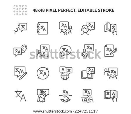 Simple Set of Translation Related Vector Line Icons. Contains such Icons as Document Translation, Handshake, International Business and more. Editable Stroke. 48x48 Pixel Perfect.