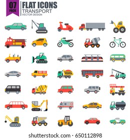 Simple set of transport flat icons vector design. Contains such as taxi, train, tram, bus, car, tractor, crane and more. Pixel Perfect. Can be used for websites, infographics, mobile apps.