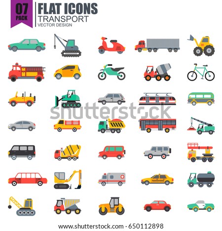 Simple set of transport flat icons vector design. Contains such as taxi, train, tram, bus, car, tractor, crane and more. Pixel Perfect. Can be used for websites, infographics, mobile apps.