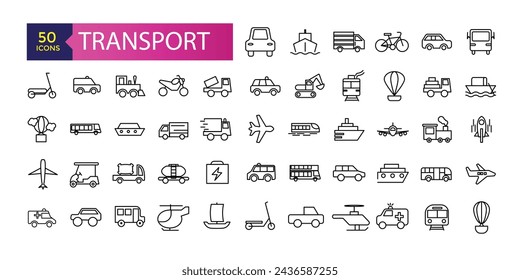 Einfache Gruppe von transportbezogenen Vektorliniensymbolen. Enthält Symbole wie Taxi, Zug, Straßenbahn und mehr. Symbole für Verkehrsvektorlinien gesetzt.