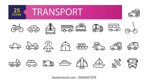 Simple Set of Transport Related Vector Line Icons. Contains such Icons as Taxi, Train, Tram and more. Traffic vector line icons set.