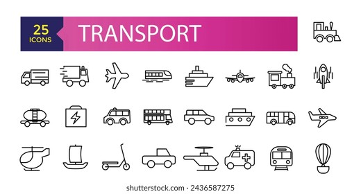 Simple Set of Transport Related Vector Line Icons. Contains such Icons as Taxi, Train, Tram and more. Traffic vector line icons set.