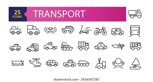 Simple Set of Transport Related Vector Line Icons. Contains such Icons as Taxi, Train, Tram and more. Traffic vector line icons set.