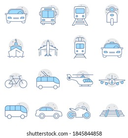 Simple set of transport vehicles vector line icons. contains airplane, car, motorcycle, boat, train etc. icons, perfect for any purpose. Web design, mobile app.