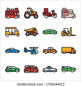 Conjunto simple de iconos de línea de vectores relacionados con el transporte Color