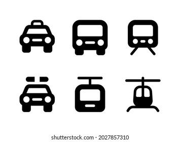 Conjunto simple de iconos sólidos vectoriales relacionados con el transporte. Contiene íconos como taxi, bus, tren, helicóptero y más.