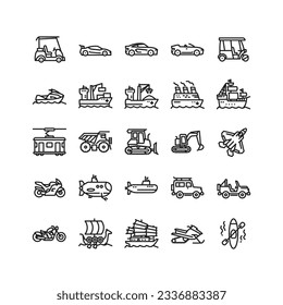 Simple Set of Transportation-Related Vector Line Icons Contains such Icons as sport car, tram, dump truck, jet fighter, jeep, sail boat, and more. Editable Stroke. Pixel-perfect at 64x64