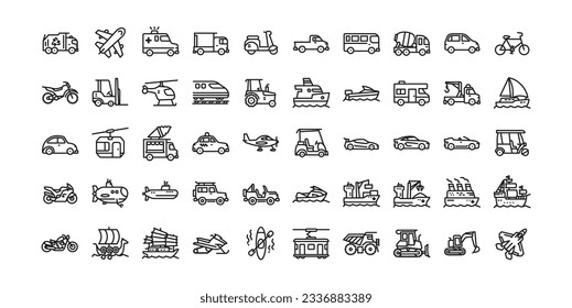 Simple Juego de Iconos de Línea Vectora Relacionados con el Transporte Contiene Iconos como el coche deportivo, el avión, el camión volcado, el caza a reacción, el jeep, el barco de vela, el coche escarabajo y más. Stroke editable. Píxel perfecto a 64x64