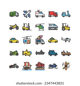 Simple Set of Transportation-Related Vector Line Icons Contains such Icons as Taxi, Train, Truck, Airplane, Ambulance, Tractor, and more. Editable Stroke. Pixel-perfect at 64x64
