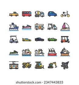 Simple Set of Transportation-Related Vector Line Icons Contains such Icons as sport car, tram, jet fighter, jeep, sail boat, bulldozer and more. Editable Stroke. Pixel-perfect at 64x64
