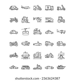 Simple Set of Transportation-Related Vector Line Icons Contains such Icons as Taxi, Train, Truck, Airplane, Ambulance, Tractor, and more. Editable Stroke. Pixel-perfect at 64x64
