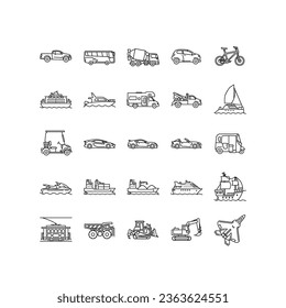 Simple Set of Transportation-Related Vector Line Icons Contains such Icons as sport car, tram, jet fighter, jeep, sail boat, bulldozer and more. Editable Stroke. Pixel-perfect at 64x64
