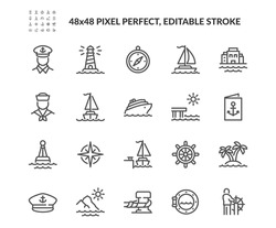 Simple Set Of Travel By Sea Related Vector Line Icons. Contains Such Icons As Port, Cruise Liner, Lighthouse And More. Editable Stroke. 48x48 Pixel Perfect.
