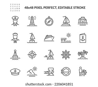 Conjunto simple de iconos de línea de vectores relacionados con el mar. Contiene iconos como puerto, línea de crucero, faro y más. Stroke editable. 48x48 Pixel Perfecto.
