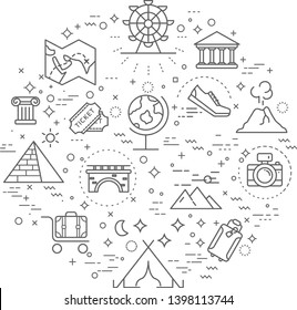 Simple Set of travel and camping Related Vector Line Illustration. Contains such Icons as shoes, trailer, bridge and more. Modern style line drawing and background color white. 