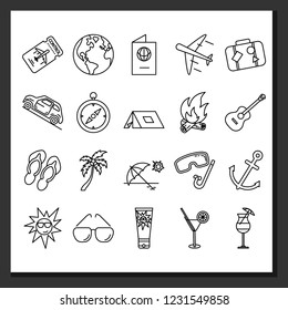 
Simple set of travel icons. Includes badges such as ticket, passport, baggage, sunglasses and sunblock, bonfire, guitar and more.