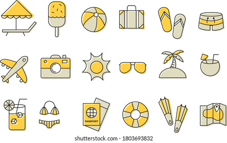 Simple Set of Travel Icons including ice cream, ball, suitcase, sandals, airplane, sun, sunglasses, and more