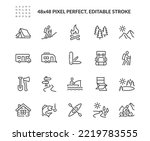 Simple Set of Travel Outdoor Related Vector Line Icons. Contains such Icons as Campfire, Hiking, Camp Trailer and more. Editable Stroke. 48x48 Pixel Perfect.