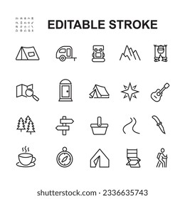 Simple Set of Travel Outdoor Related Vector Line Icons. Contains such Icons as Campfire, Hiking, Camp Trailer and more.