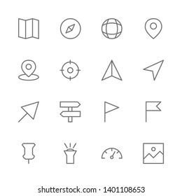 Simple Set of Travel Related Vector  Thin line Icons. Contains such as   Map, compass, position, location, GPS, direction, label, flag, pin, light, speed, picture and more. illustration.