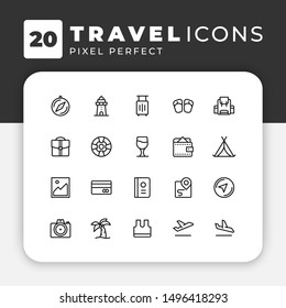 Simple Set of Travel Related Vector Line Icons. Contains such Icons as Compass, Lighthouse, backpack, palm tree and more