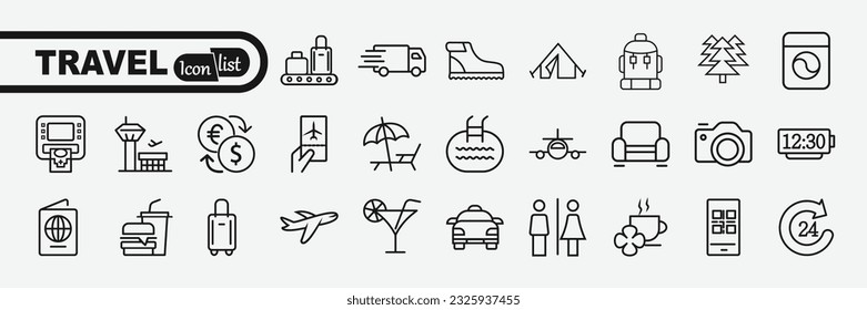 Conjunto simple de iconos de línea de vectores relacionados con viajes. Contiene iconos como equipaje, pasaporte, gafas de sol y más.
