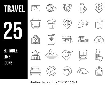 Simple Set of Travel Related Vector Line Icons. Contains such Icons as Luggage, Passport, Sunglasses and more. Editable Stroke	