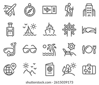 Simple Set of Travel Related Vector Line Icons. Contains such Icons as Luggage, Passport, Sunglasses and more.