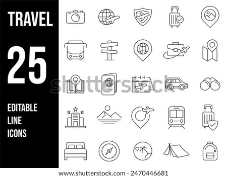 Simple Set of Travel Related Vector Line Icons. Contains such Icons as Luggage, Passport, Sunglasses and more. Editable Stroke	