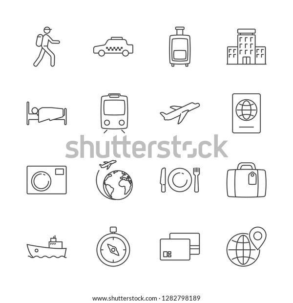 Simple set of Travel and tourism icons.\
Contains icons plane, taxi, hotel, train, passport, camera,\
suitcase, bag, compass, breakfast. Vector line\
icon