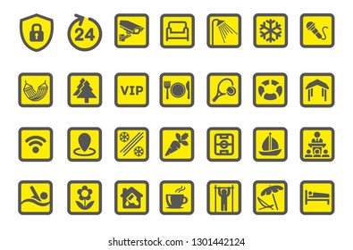 A simple set of travel vector icons. Contains icons such as lock, wi-Fi, hammock, shower, plate, lifeline, boat and more. Editable Stroke.