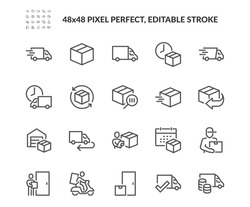 Simple Set Of Truck Delivery Related Vector Line Icons. 
Contains Such Icons As Door To Door Delivery, Express Shipping, Supply And More. Editable Stroke. 48x48 Pixel Perfect.