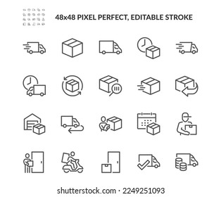 Simple Set of Truck Delivery Related Vector Line Icons. 
Contains such Icons as Door to Door Delivery, Express Shipping, Supply and more. Editable Stroke. 48x48 Pixel Perfect. - Shutterstock ID 2249251093