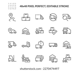 Simple Set Truck Logistics Related Vector Line Icons  
Contains such Icons as Cargo Inspection  Route  Forklift at warehouse   more  Editable Stroke  48x48 Pixel Perfect 