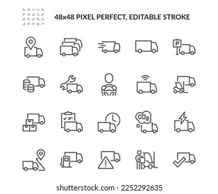 Simple Set of Truck Management Related Vector Line Icons. 
Contains such Icons as Van State, Truck Uploading, Driver and more. Editable Stroke. 48x48 Pixel Perfect.