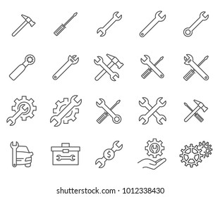 Simple set of tuning tools Related Vector Line Icons. Includes such Icons as hammer, gear, wrench, screwdriver, car repair and more. 