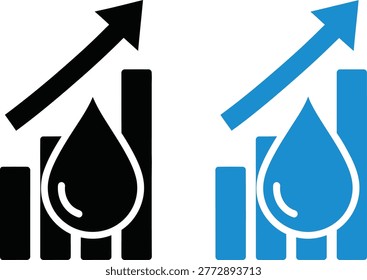 A simple set of two bar chart icons featuring a water drop, representing growth, rising prices, or increased consumption of oil, water, or other liquid resources in a clean style.
