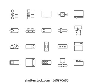 Simple Set Of UI Elements Related Vector Line Icons. 
Contains Such Icons As Dropdown, Check Boxes, Tabs And More.
Editable Stroke. 48x48 Pixel Perfect.
