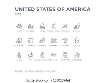 simple set of united states of america vector line icons. contains such icons as united states, french fries, 4th of july, washington monument, usa, rapper, lincoln, fifth avenue, government and