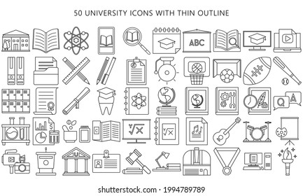 Simple Set universities and colleges thin Line Icons. Contains  Icons any faculty, chemistry. physics, sports mathematics, economic, accounting and others. EPS 10 ready convert to SVG svg