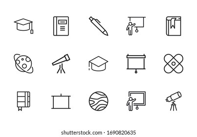 Einfache Sammlung moderner, dünner Linien-Symbole der Universität. Trendloses Design. Paket mit Strichsymbolen. Vektorillustration einzeln auf weißem Hintergrund. Symbole in Premium-Qualität.