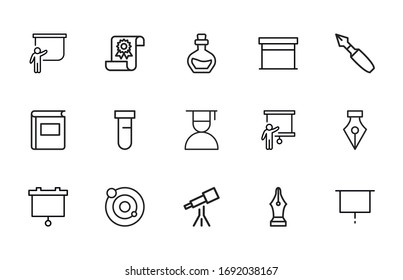 Simple set of university modern thin line icons. Trendy design. Pack of stroke icons. Vector illustration isolated on a white background. Premium quality symbols.