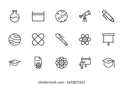 Einfache Sammlung moderner, dünner Linien-Symbole der Universität. Trendloses Design. Paket mit Strichsymbolen. Vektorillustration einzeln auf weißem Hintergrund. Symbole in Premium-Qualität.