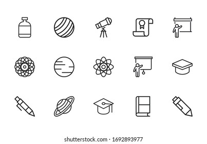 Einfache Sammlung moderner, dünner Linien-Symbole der Universität. Trendloses Design. Paket mit Strichsymbolen. Vektorillustration einzeln auf weißem Hintergrund. Symbole in Premium-Qualität.